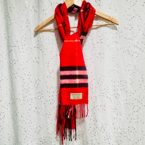 Authentic Burberry 100% Cashmere Red Check Scarf - Made in Scotland- Like New - Picture 1 of 10